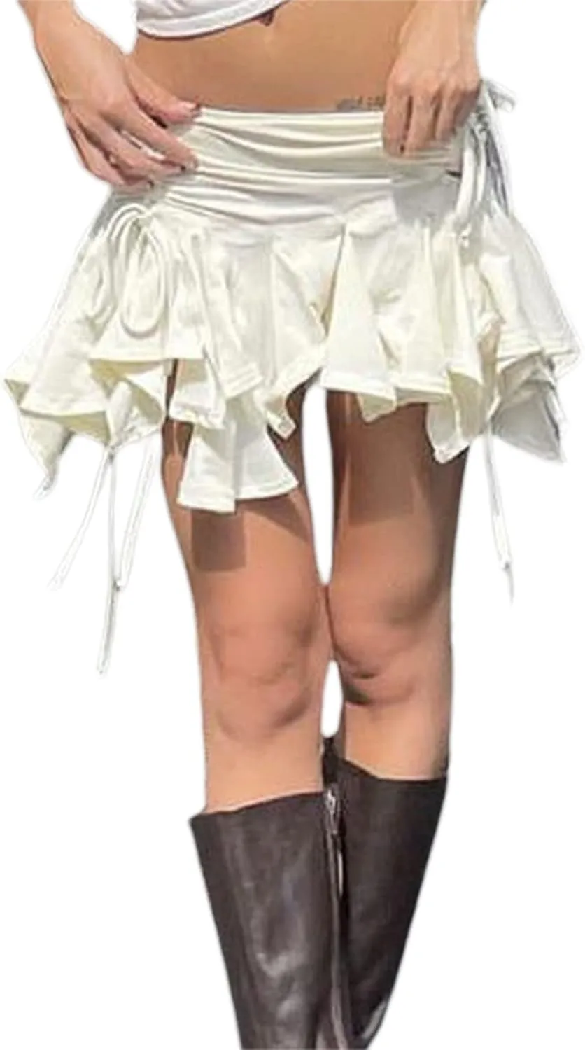 Women Y2K Ruffle Mini Skirt Low Rise Pleated Fairy Grunge Skirts Frilly Layered Asymmetrical Short Skirt