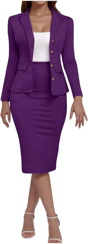 Women's 2 Piece Suit Skirt Set Business Work Jacket Long Sleeve Blazers and Midi Pencil Skirt Casual Dressy Suits