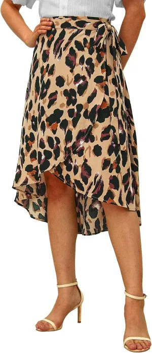 Womens A-Line Wrap Midi Skirt High Low Split Tie Knot Summer Skirts