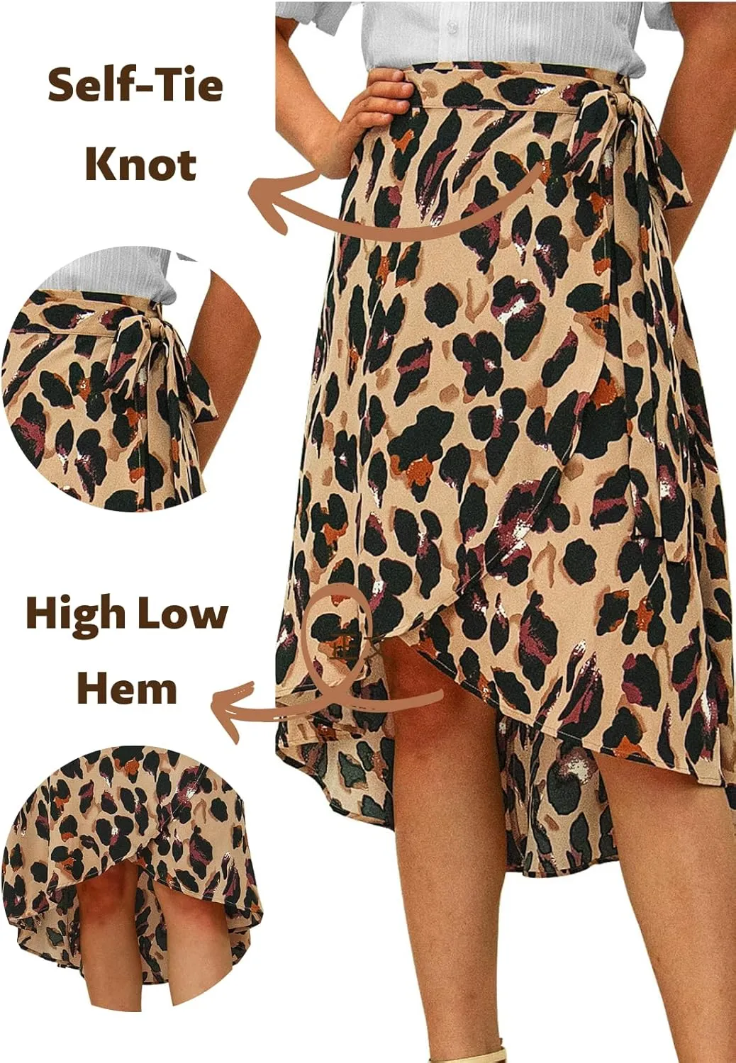 Womens A-Line Wrap Midi Skirt High Low Split Tie Knot Summer Skirts
