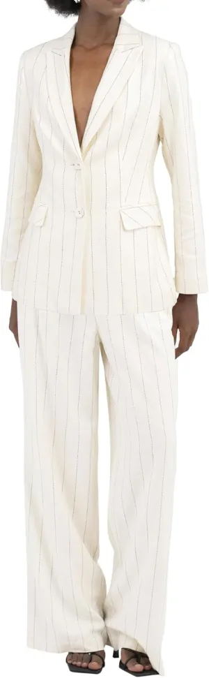 Womens Blazers Linen Beige Peak Lapel Button Front Flap Pockets Single Breast Stripe Jacket Work Office Business Casual