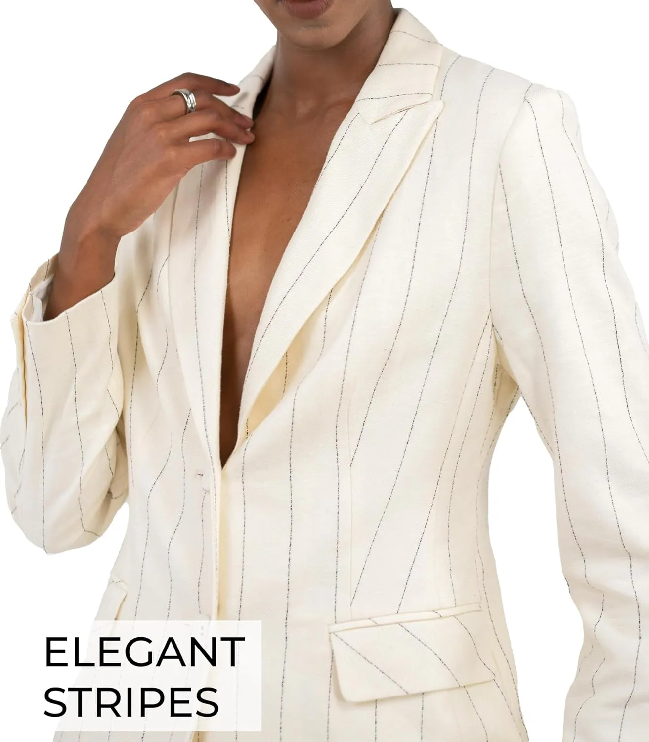 Womens Blazers Linen Beige Peak Lapel Button Front Flap Pockets Single Breast Stripe Jacket Work Office Business Casual