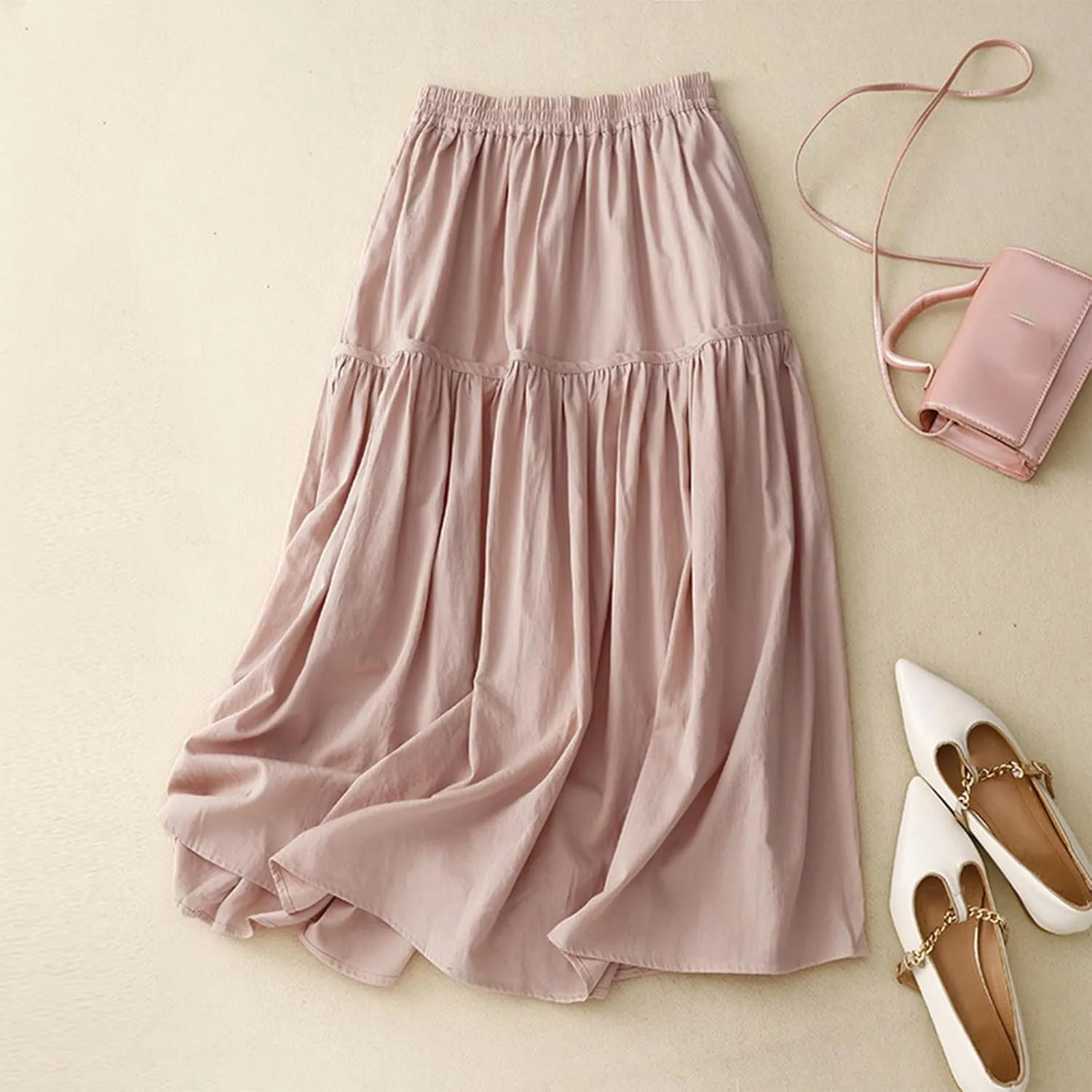 Women's Bohemian Skirt 2025 Fashion Elastic Waist Pleated Dress Summer Solid Flowy Swing Tiered A Line Midi Skirts