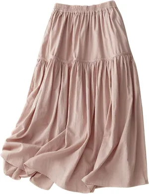 Women's Bohemian Skirt 2025 Fashion Elastic Waist Pleated Dress Summer Solid Flowy Swing Tiered A Line Midi Skirts