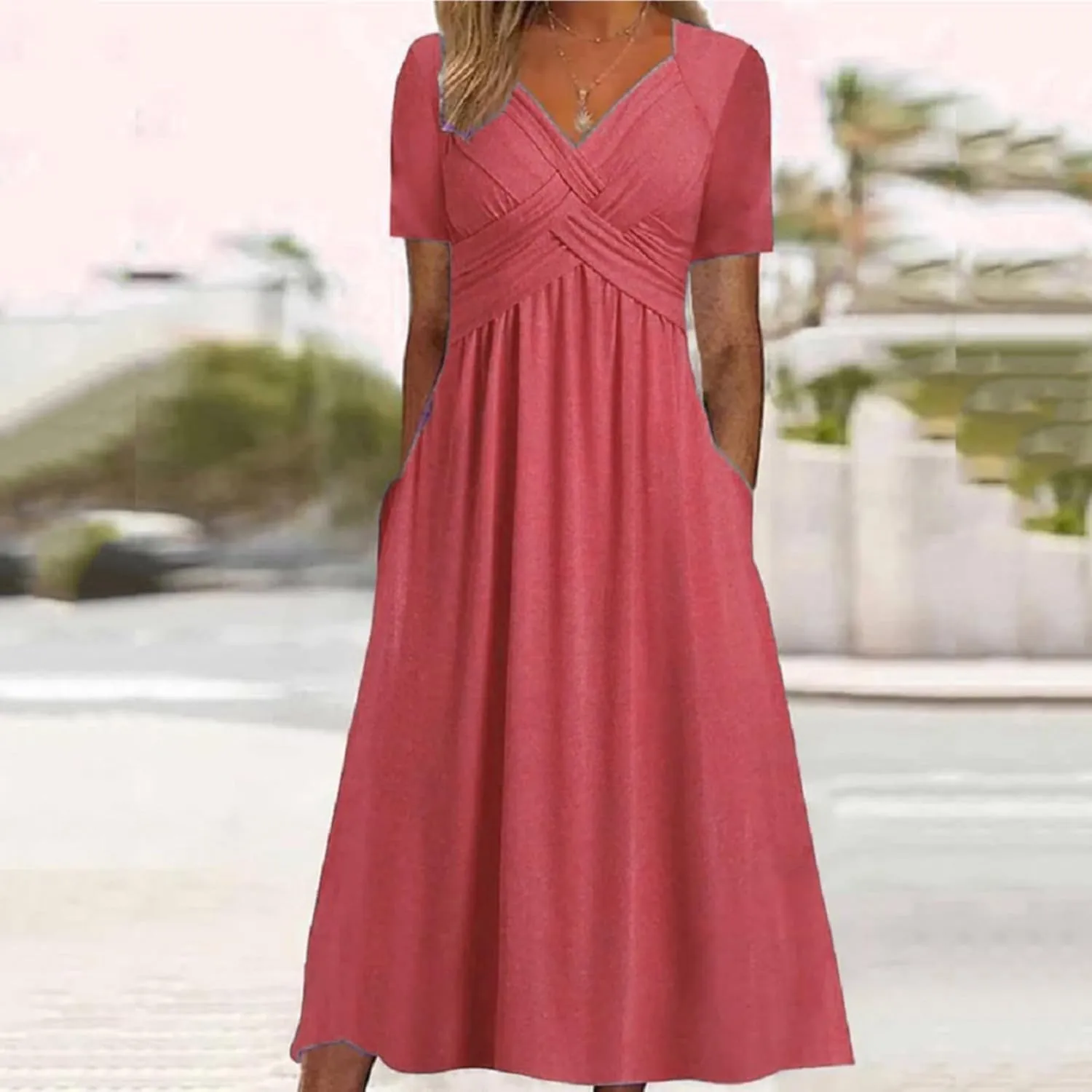 Women's Boho Floral Flowy A Line Midi Dress Casual Summer Short Sleeve Beach Vacation Dresses with Pockets