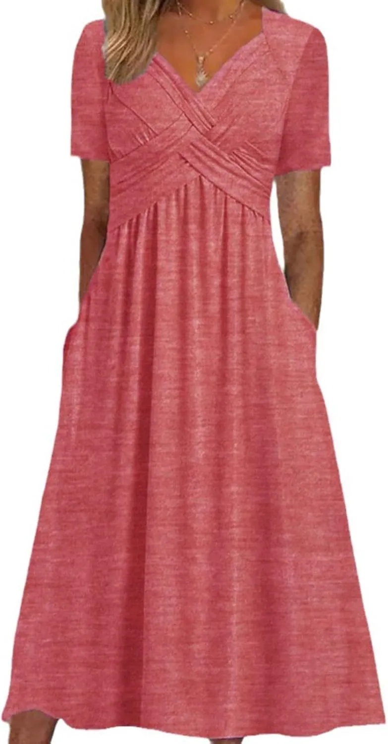 Women's Boho Floral Flowy A Line Midi Dress Casual Summer Short Sleeve Beach Vacation Dresses with Pockets