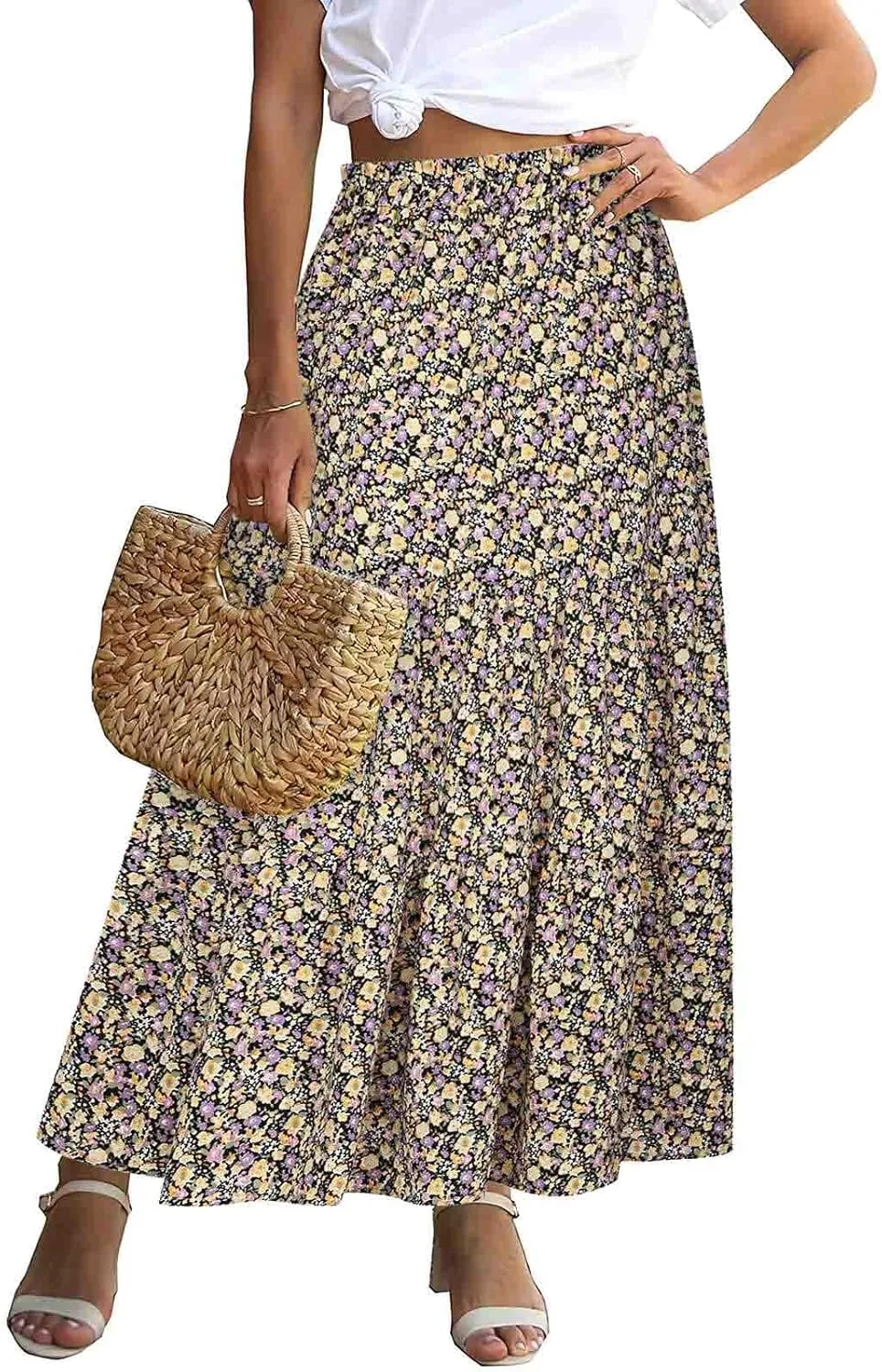Women's Boho Floral Print Maxi Skirt Flowy Summer Casual A-Line Skirts Elastic High Waist Pleated Long Skirt Pockets