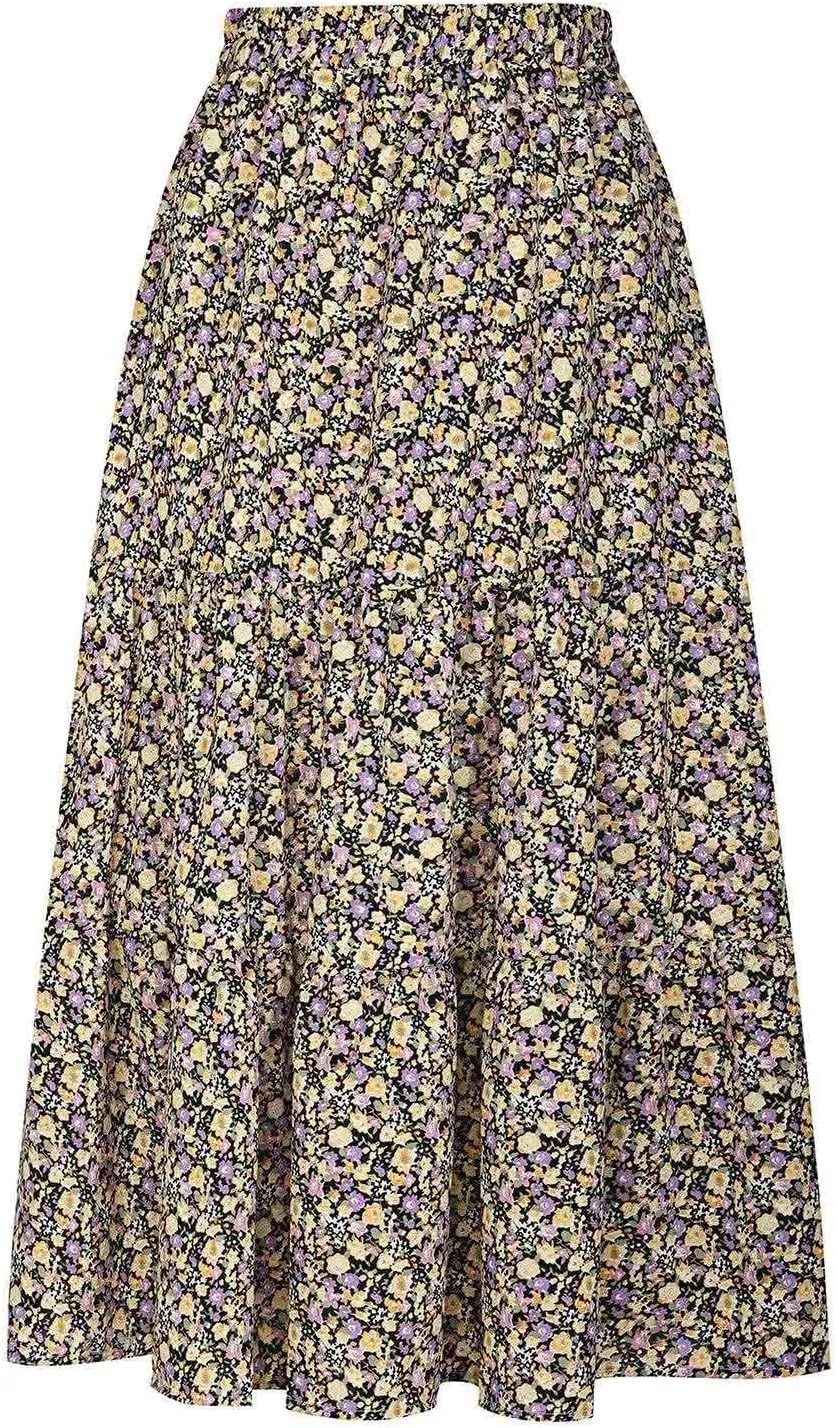 Women's Boho Floral Print Maxi Skirt Flowy Summer Casual A-Line Skirts Elastic High Waist Pleated Long Skirt Pockets