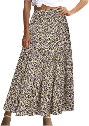Women's Boho Floral Print Maxi Skirt Flowy Summer Casual A-Line Skirts Elastic High Waist Pleated Long Skirt Pockets