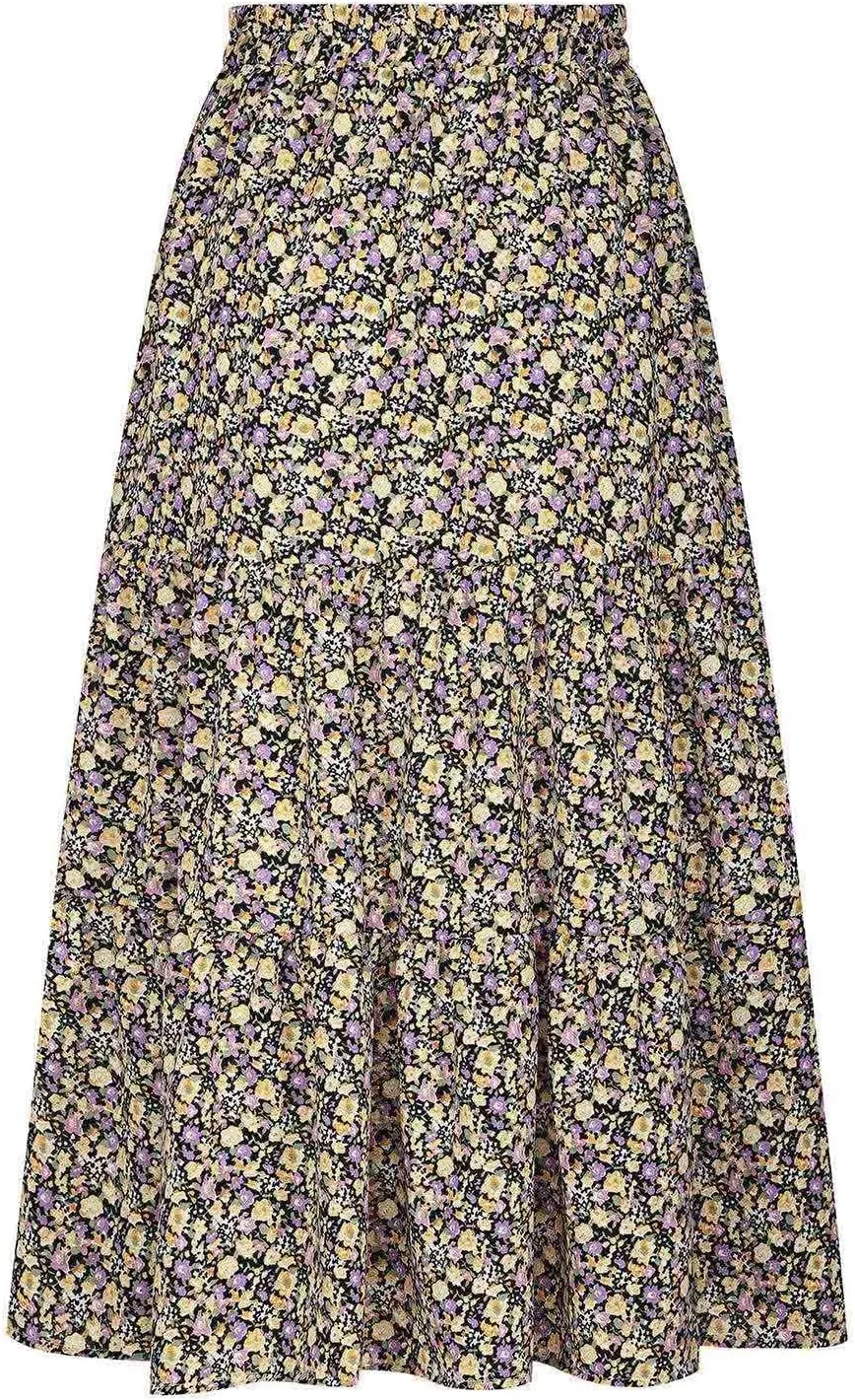 Women's Boho Floral Print Maxi Skirt Flowy Summer Casual A-Line Skirts Elastic High Waist Pleated Long Skirt Pockets