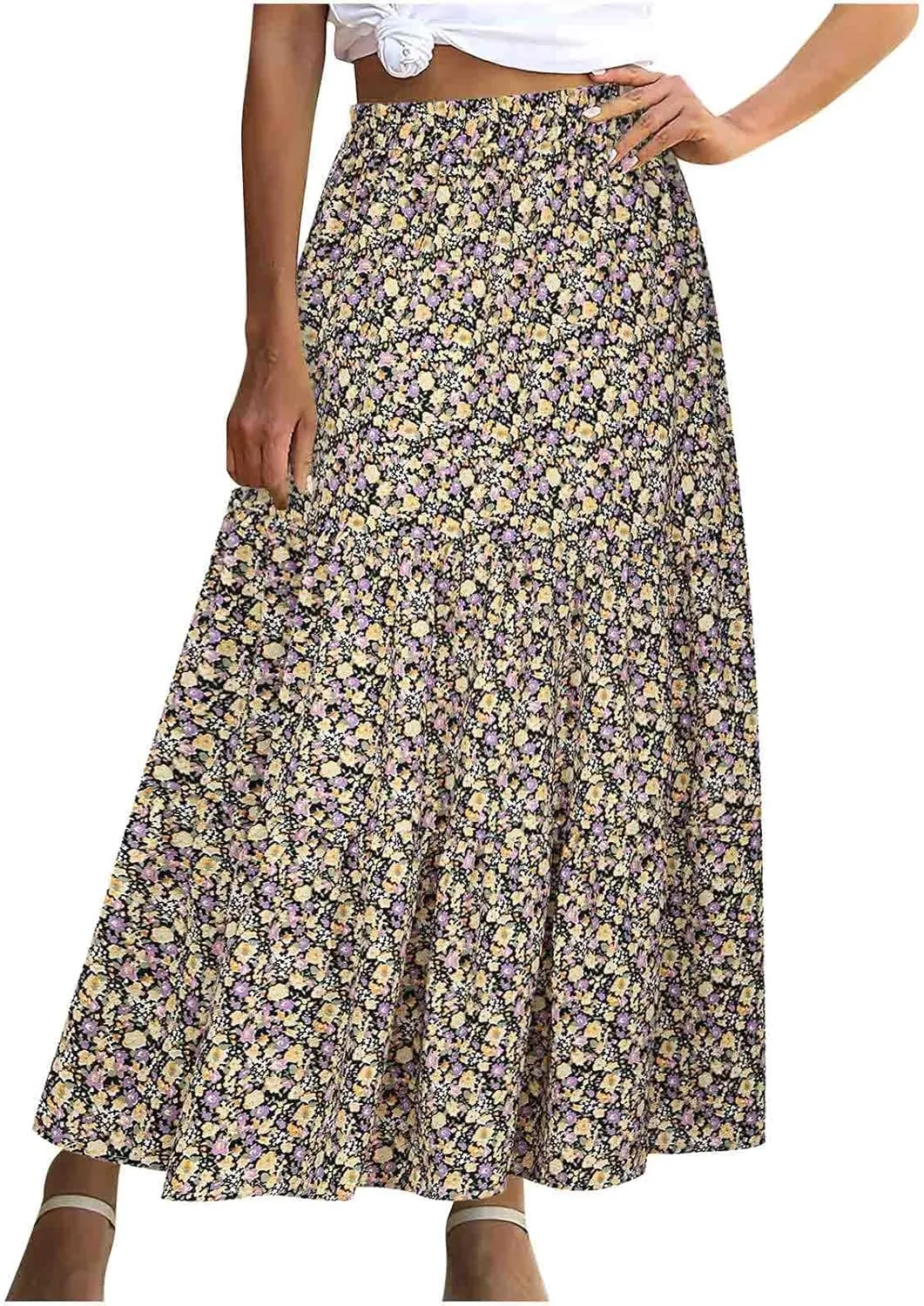 Women's Boho Floral Print Maxi Skirt Flowy Summer Casual A-Line Skirts Elastic High Waist Pleated Long Skirt Pockets
