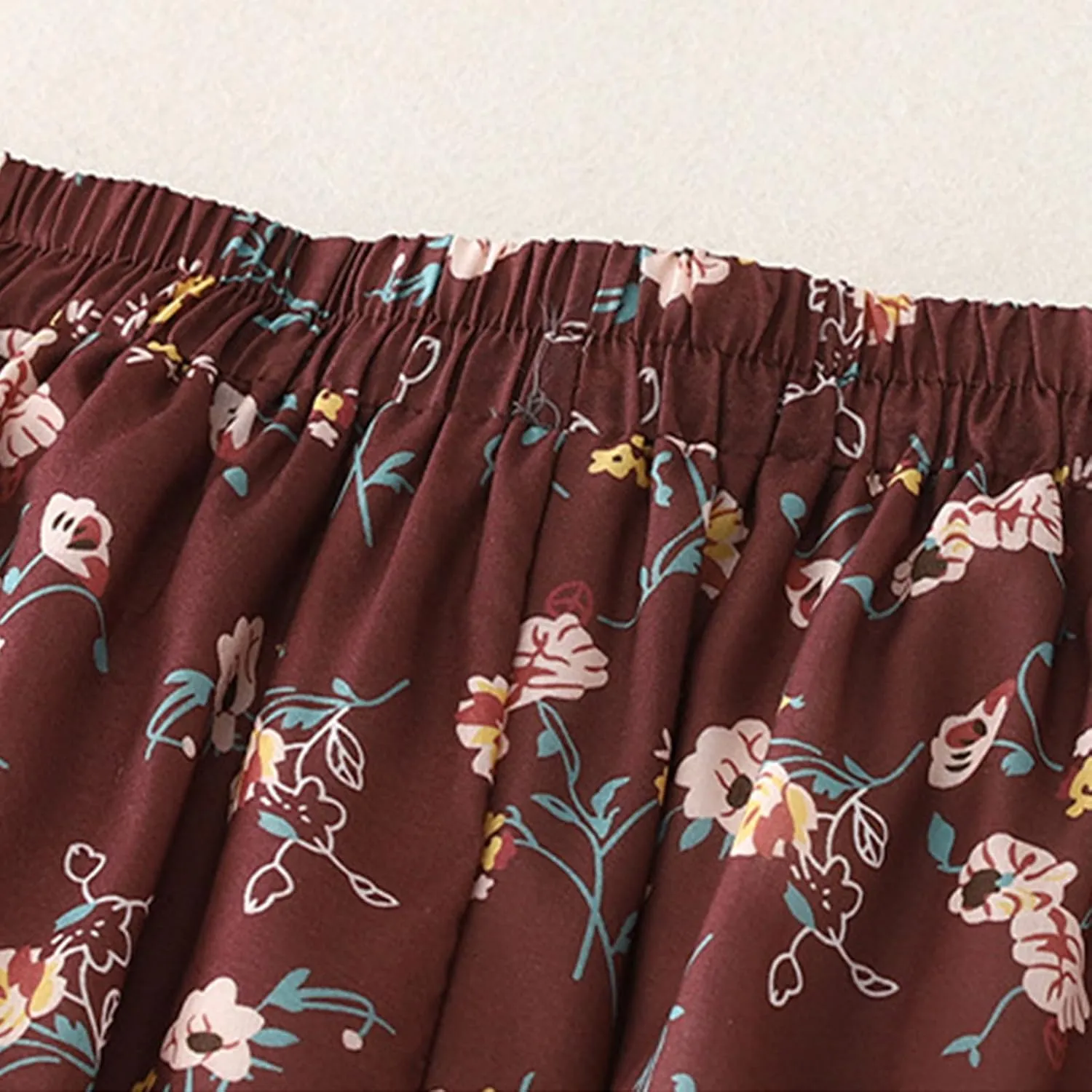 Women's Boho Floral Skirts Casual Soft Drawstring Elastic High Waisted Skirt Trendy Pleated Midi Skirts with Pockets