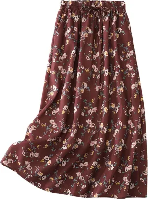 Women's Boho Floral Skirts Casual Soft Drawstring Elastic High Waisted Skirt Trendy Pleated Midi Skirts with Pockets