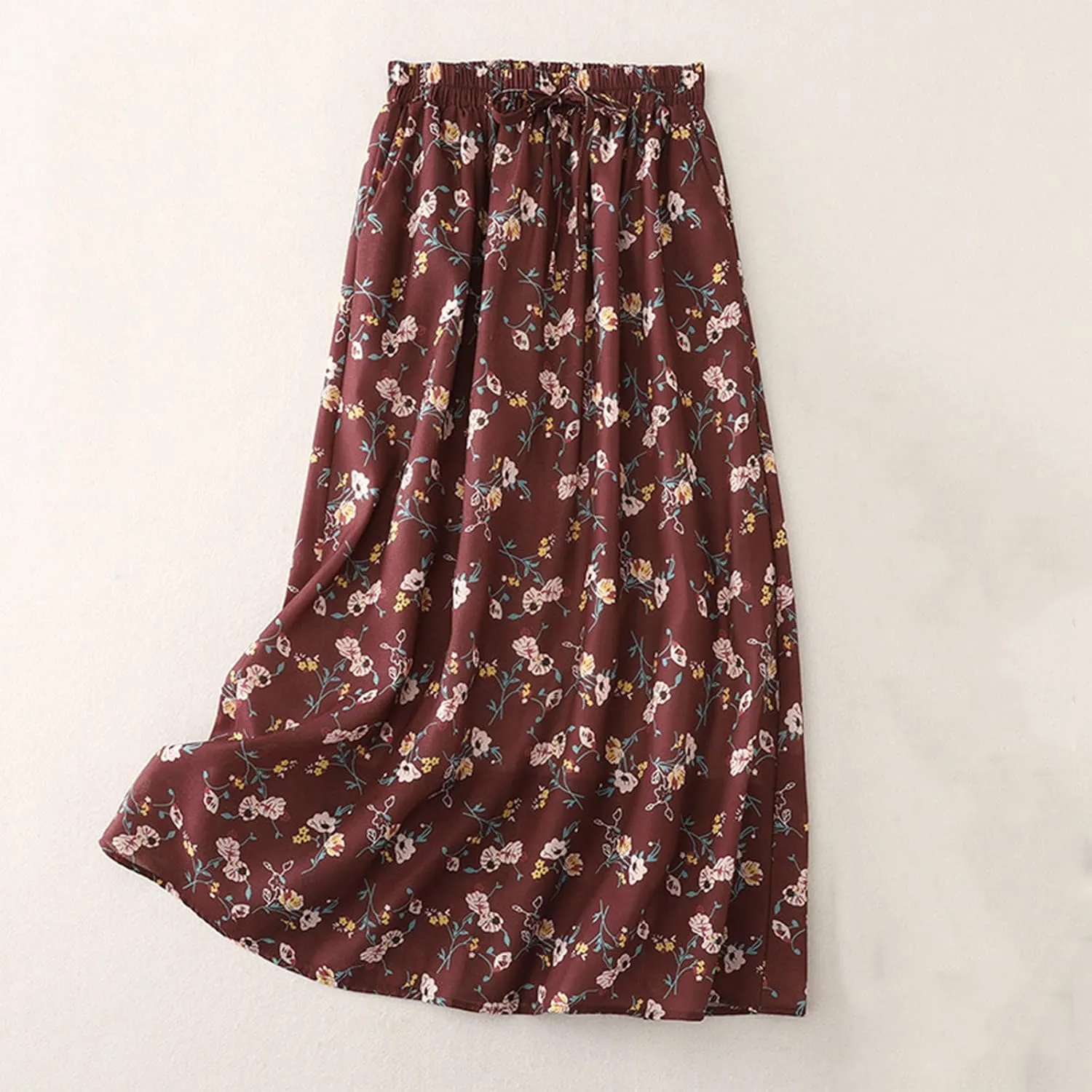 Women's Boho Floral Skirts Casual Soft Drawstring Elastic High Waisted Skirt Trendy Pleated Midi Skirts with Pockets