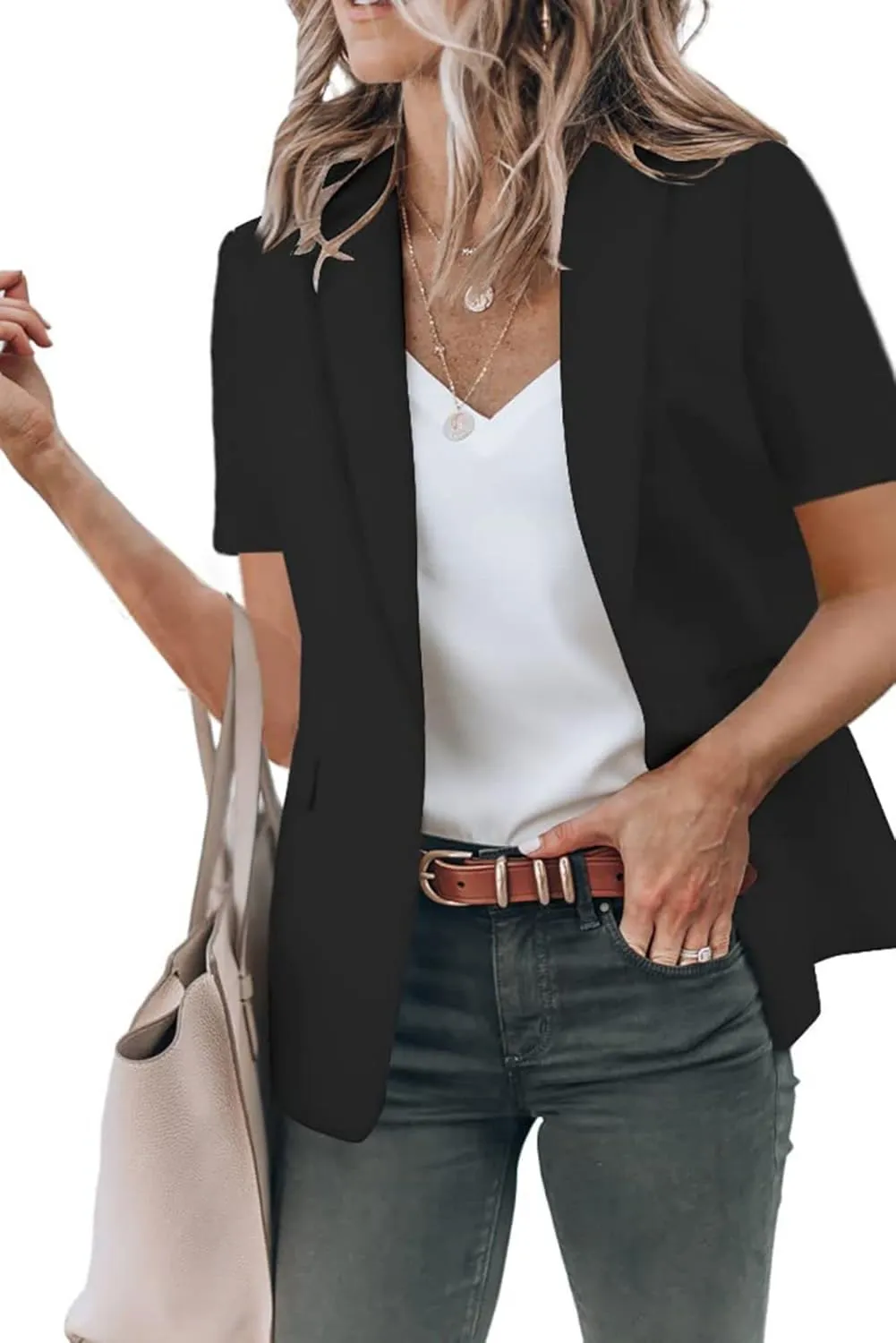 Womens Casual Blazers Open Front Short Sleeve Cardigan Business Top Loose Fit Blazer Work Office Suit Jackets