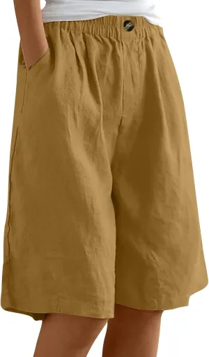 Women's Casual Cotton Linen Bermuda Shorts Elastic Waist Knee Length Shorts Summer Beach Shorts with Pockets