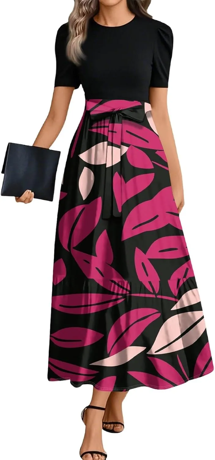 Women's Casual Summer Floral Maxi Dresses, Boho Patchwork Empire Waist Short Sleeve Ruffle Flowy Long Sundress