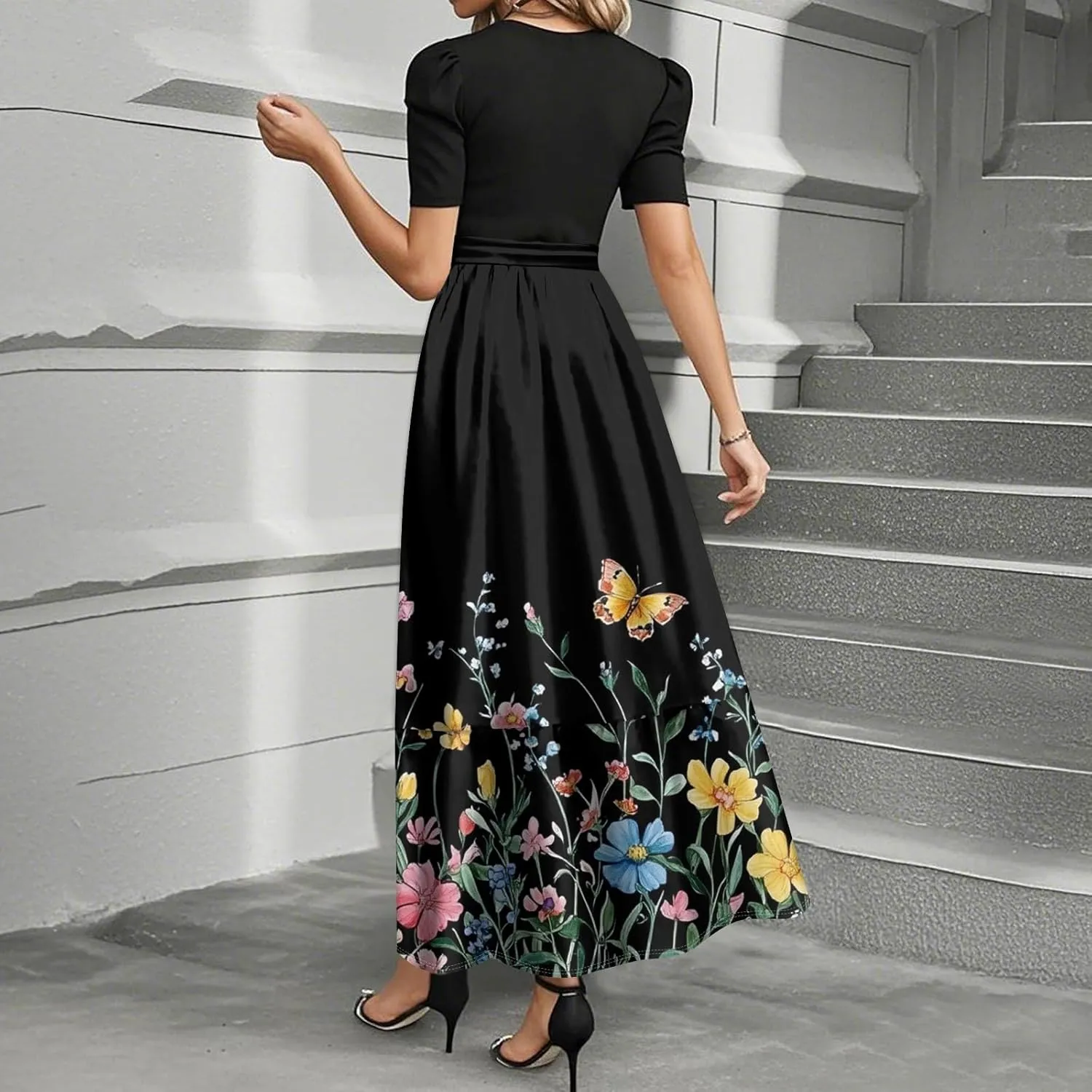 Women's Casual Summer Floral Maxi Dresses, Boho Patchwork Empire Waist Short Sleeve Ruffle Flowy Long Sundress