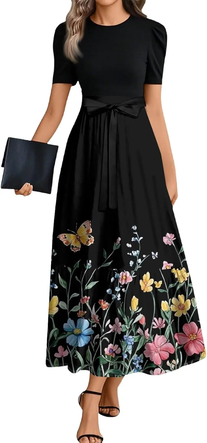 Women's Casual Summer Floral Maxi Dresses, Boho Patchwork Empire Waist Short Sleeve Ruffle Flowy Long Sundress