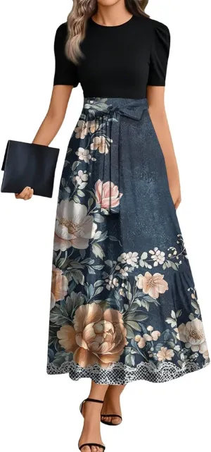 Women's Casual Summer Floral Maxi Dresses, Boho Patchwork Empire Waist Short Sleeve Ruffle Flowy Long Sundress