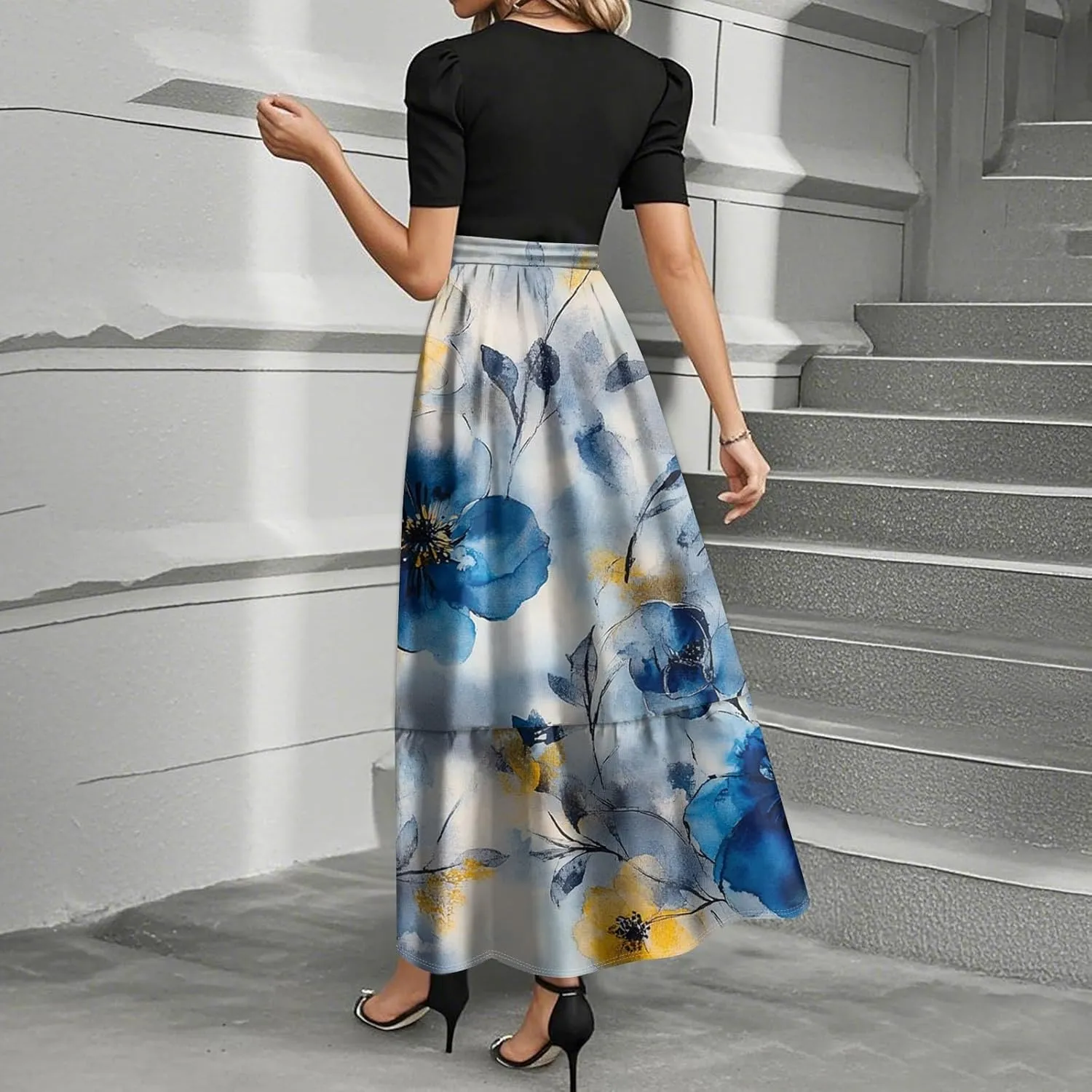 Women's Casual Summer Floral Maxi Dresses, Boho Patchwork Empire Waist Short Sleeve Ruffle Flowy Long Sundress
