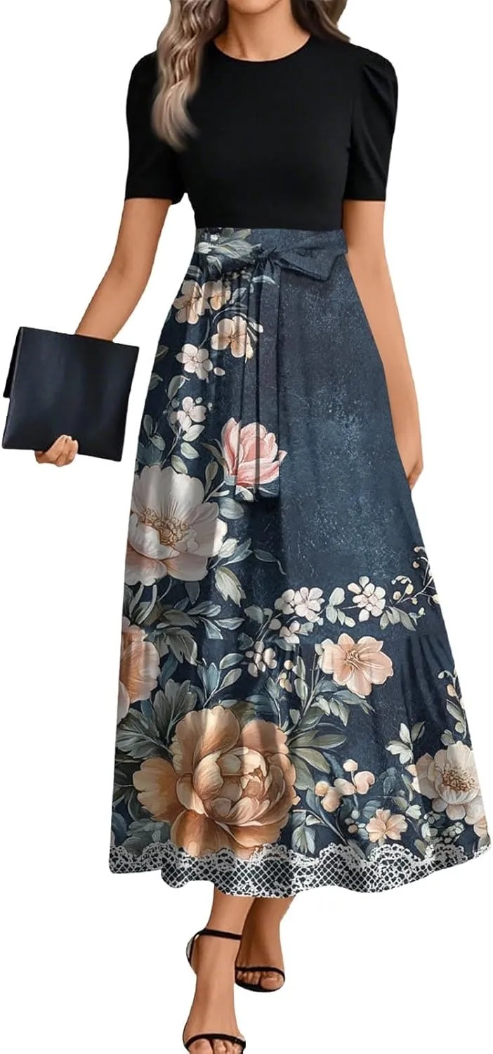 Women's Casual Summer Floral Maxi Dresses, Boho Patchwork Empire Waist Short Sleeve Ruffle Flowy Long Sundress