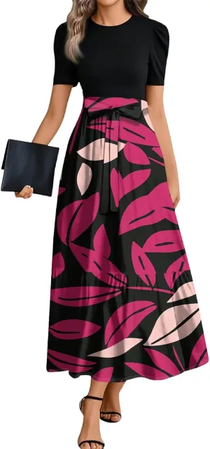 Women's Casual Summer Floral Maxi Dresses, Boho Patchwork Empire Waist Short Sleeve Ruffle Flowy Long Sundress