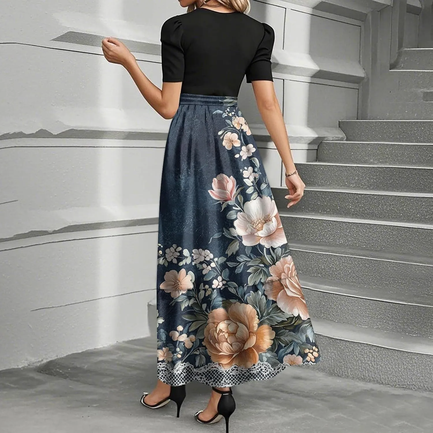 Women's Casual Summer Floral Maxi Dresses, Boho Patchwork Empire Waist Short Sleeve Ruffle Flowy Long Sundress