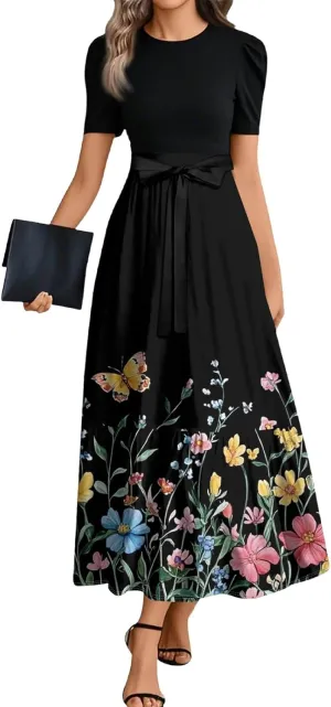Women's Casual Summer Floral Maxi Dresses, Boho Patchwork Empire Waist Short Sleeve Ruffle Flowy Long Sundress