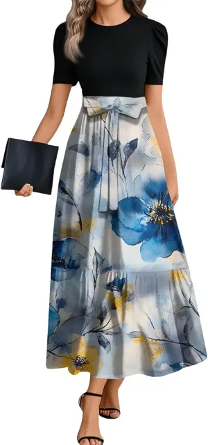 Women's Casual Summer Floral Maxi Dresses, Boho Patchwork Empire Waist Short Sleeve Ruffle Flowy Long Sundress