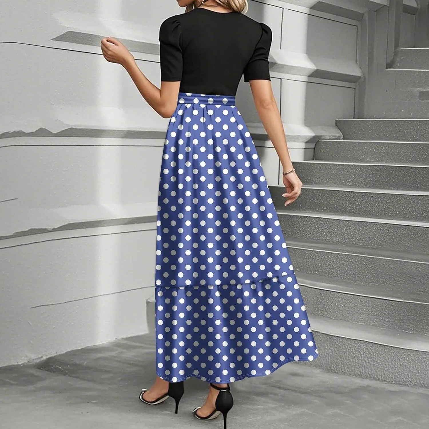 Women's Casual Summer Maxi Dresses, Patchwork Empire Waist Short Sleeve Ruffle Flowy Dress(Polka Dot/Striped/Floral)