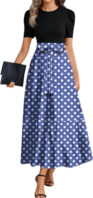 Women's Casual Summer Maxi Dresses, Patchwork Empire Waist Short Sleeve Ruffle Flowy Dress(Polka Dot/Striped/Floral)
