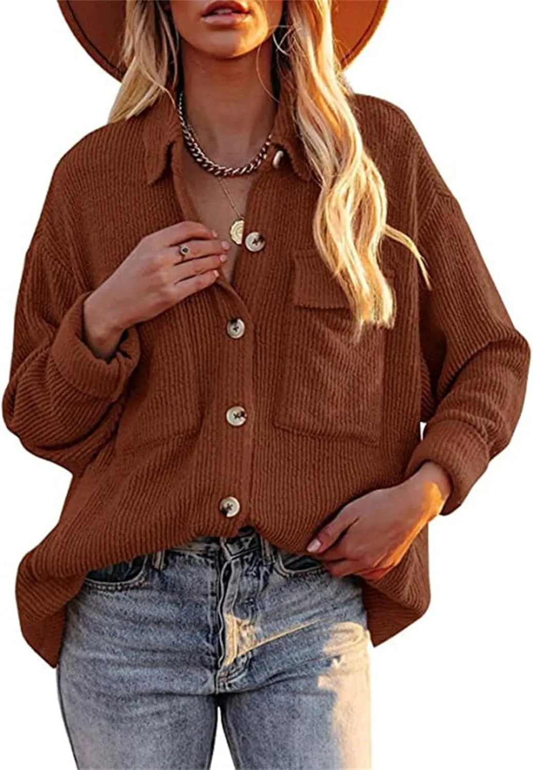 Womens Corduroy Shirt Jacket Casual Loose Long Sleeve Button Down Blouses Tops Oversized Boyfriend Shirts with Pocket