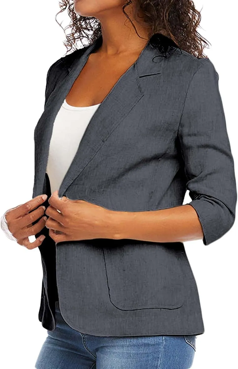 Women's Cotton Linen Blazer Jackets Ruched 3/4 Sleeve Summer Casual Lightweight Button Lapel Blazers with Pockets
