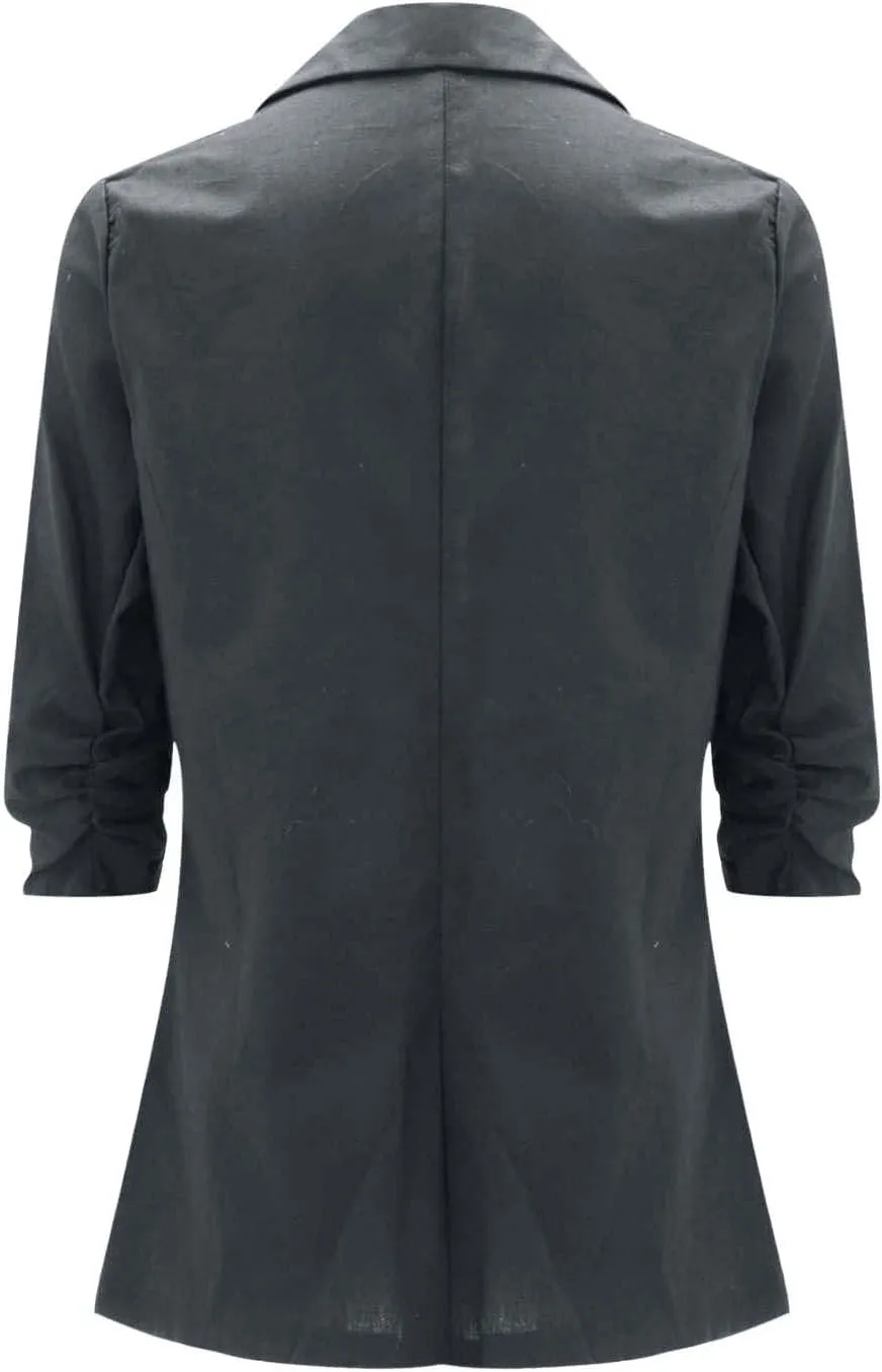Women's Cotton Linen Blazer Jackets Ruched 3/4 Sleeve Summer Casual Lightweight Button Lapel Blazers with Pockets