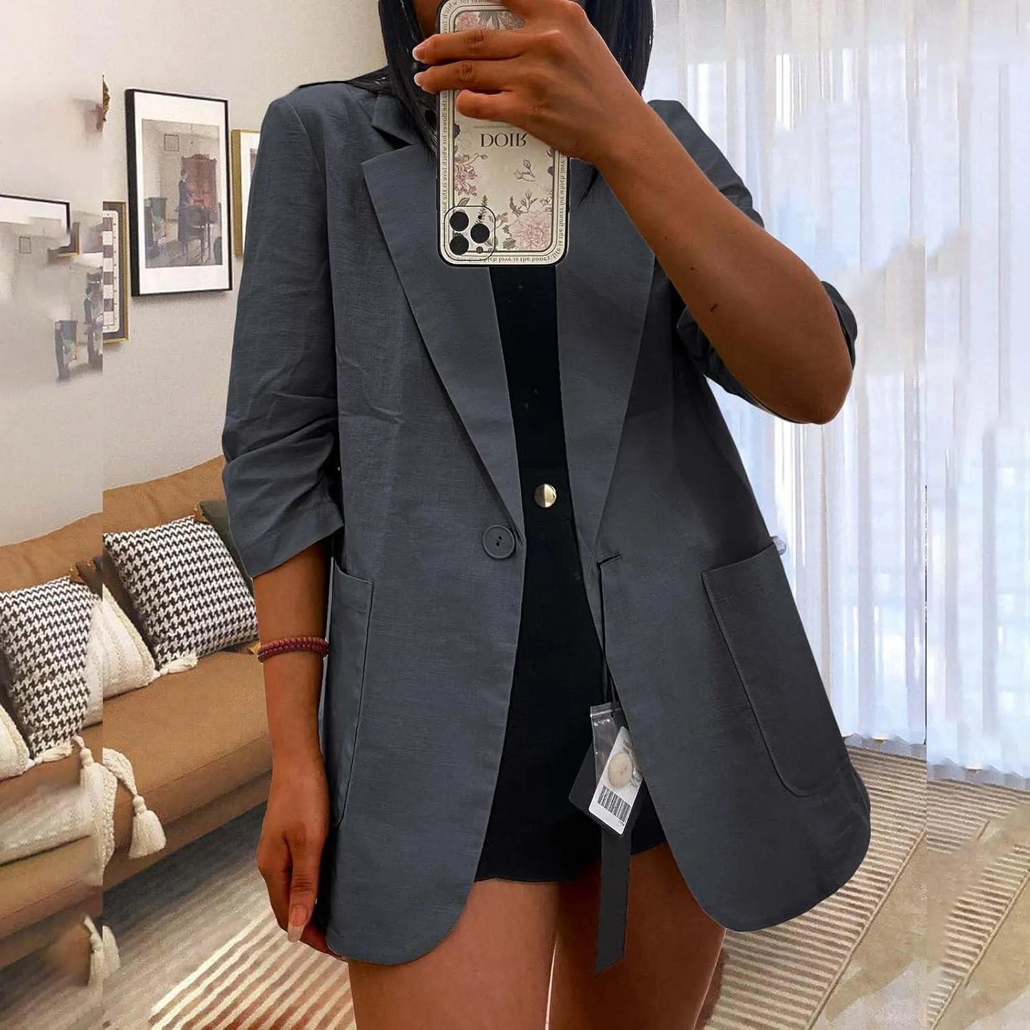 Women's Cotton Linen Blazer Jackets Ruched 3/4 Sleeve Summer Casual Lightweight Button Lapel Blazers with Pockets