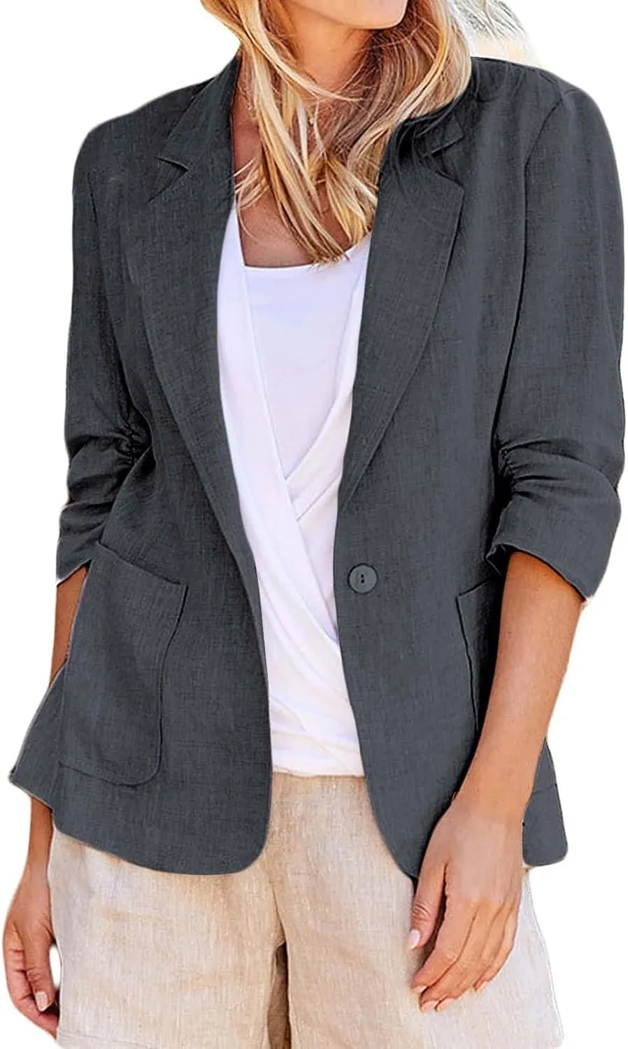Women's Cotton Linen Blazer Jackets Ruched 3/4 Sleeve Summer Casual Lightweight Button Lapel Blazers with Pockets