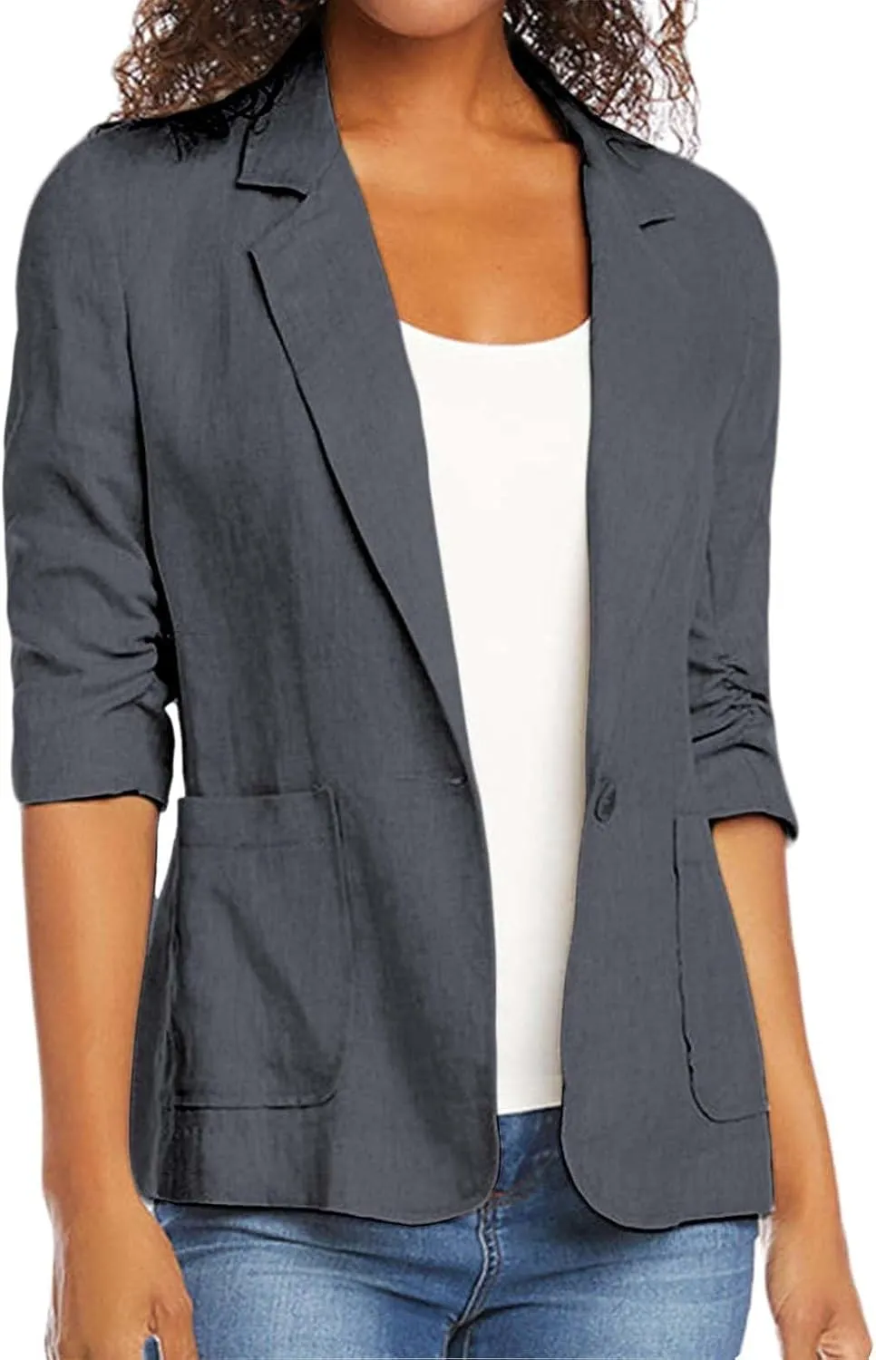 Women's Cotton Linen Blazer Jackets Ruched 3/4 Sleeve Summer Casual Lightweight Button Lapel Blazers with Pockets