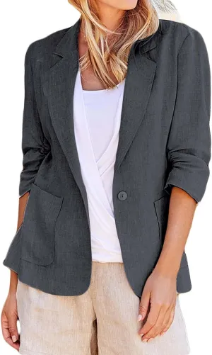 Women's Cotton Linen Blazer Jackets Ruched 3/4 Sleeve Summer Casual Lightweight Button Lapel Blazers with Pockets