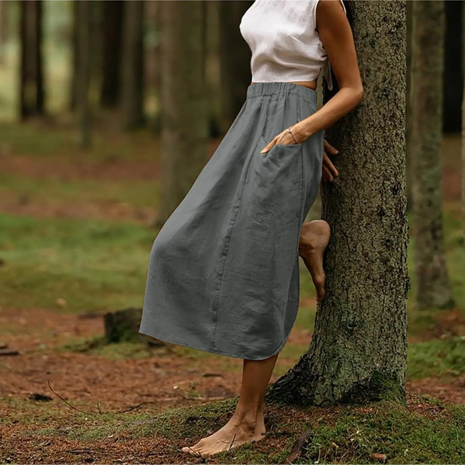 Women's Cotton Linen Skirts Casual Loose Fit Solid Color Elastic High Waisted Flare A-Line Midi Skirts with Pockets