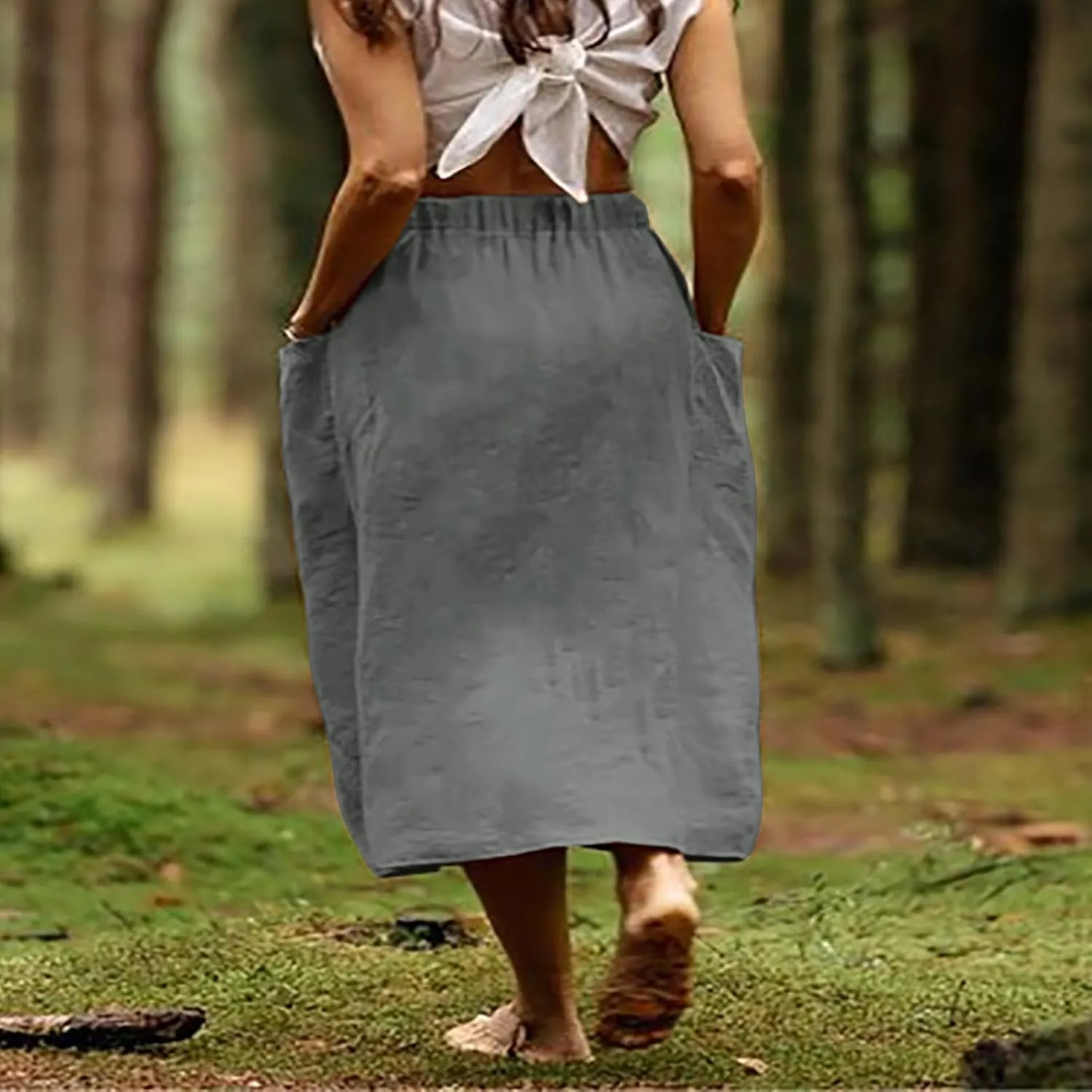Women's Cotton Linen Skirts Casual Loose Fit Solid Color Elastic High Waisted Flare A-Line Midi Skirts with Pockets