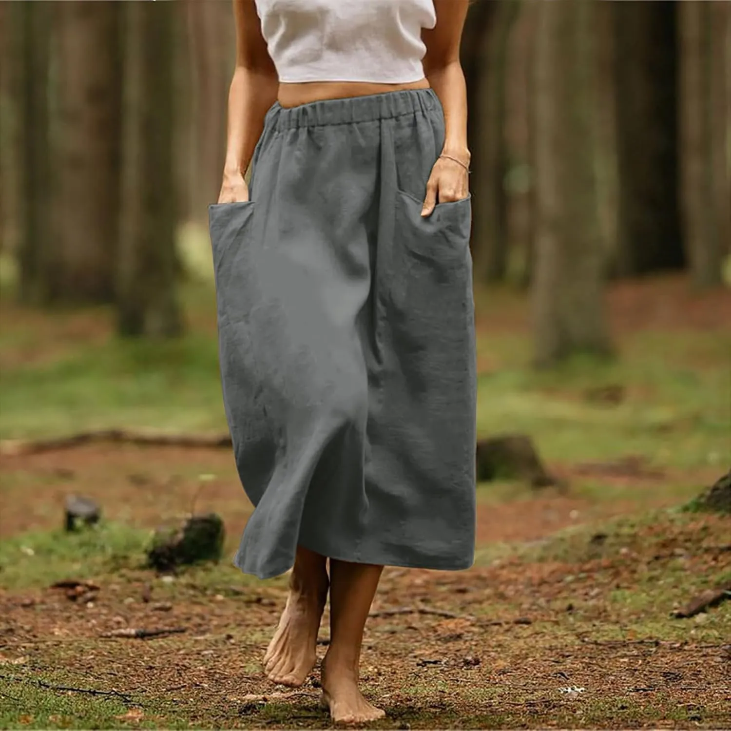 Women's Cotton Linen Skirts Casual Loose Fit Solid Color Elastic High Waisted Flare A-Line Midi Skirts with Pockets