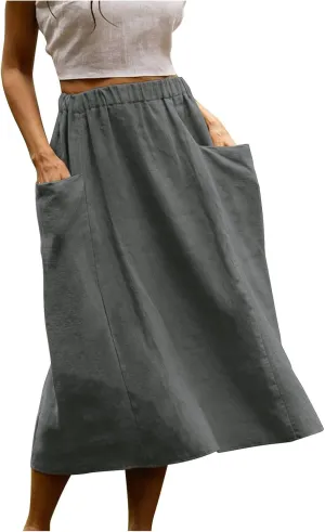 Women's Cotton Linen Skirts Casual Loose Fit Solid Color Elastic High Waisted Flare A-Line Midi Skirts with Pockets