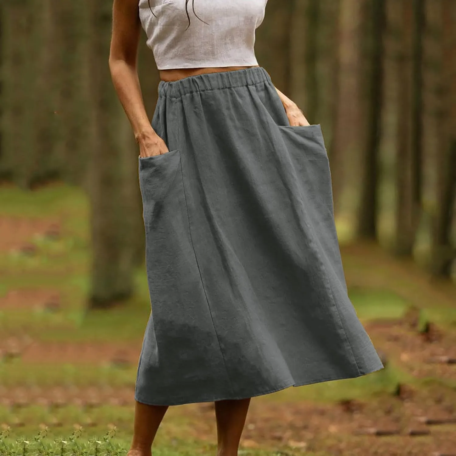Women's Cotton Linen Skirts Casual Loose Fit Solid Color Elastic High Waisted Flare A-Line Midi Skirts with Pockets