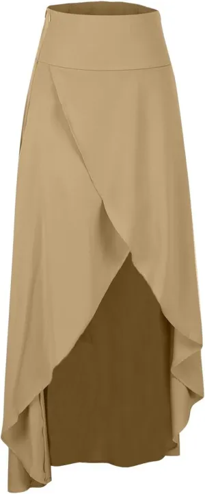 Womens Cross High-Low Maxi Skirt Summer Flowy Casual A-Line Skirts Elegant High Waist Draped Long Skirt with Pockets