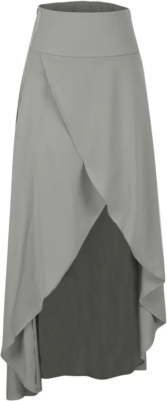 Womens Cross High-Low Maxi Skirt Summer Flowy Casual A-Line Skirts Elegant High Waist Draped Long Skirt with Pockets