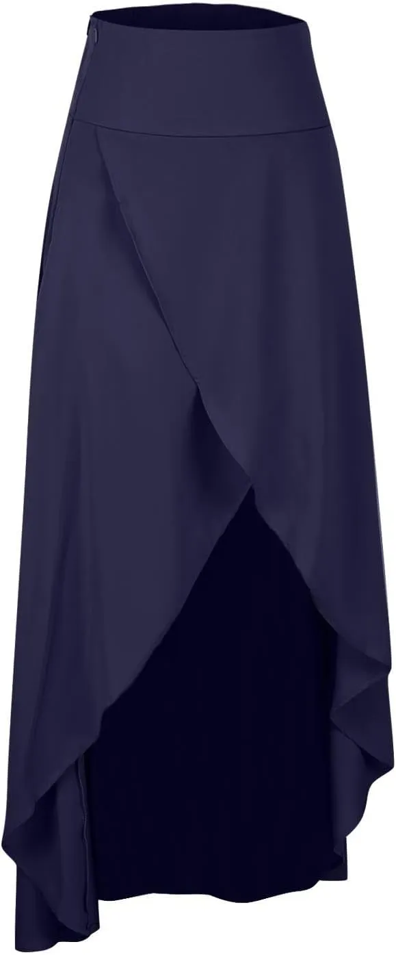 Womens Cross High-Low Maxi Skirt Summer Flowy Casual A-Line Skirts Elegant High Waist Draped Long Skirt with Pockets