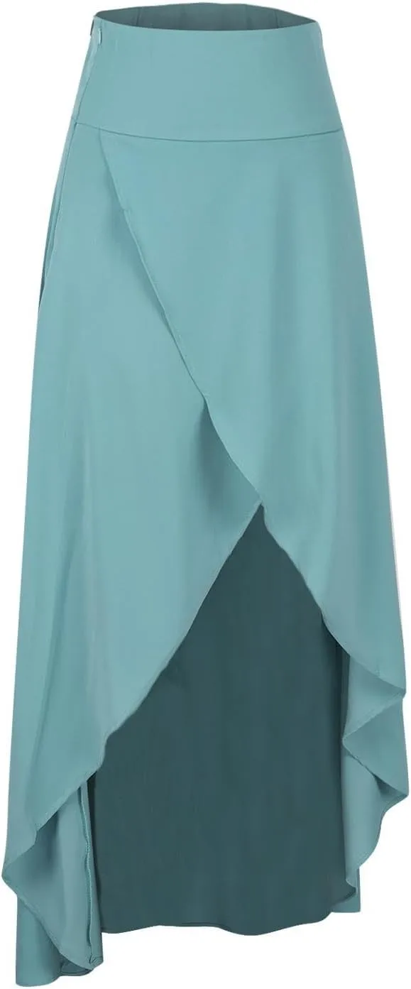 Womens Cross High-Low Maxi Skirt Summer Flowy Casual A-Line Skirts Elegant High Waist Draped Long Skirt with Pockets