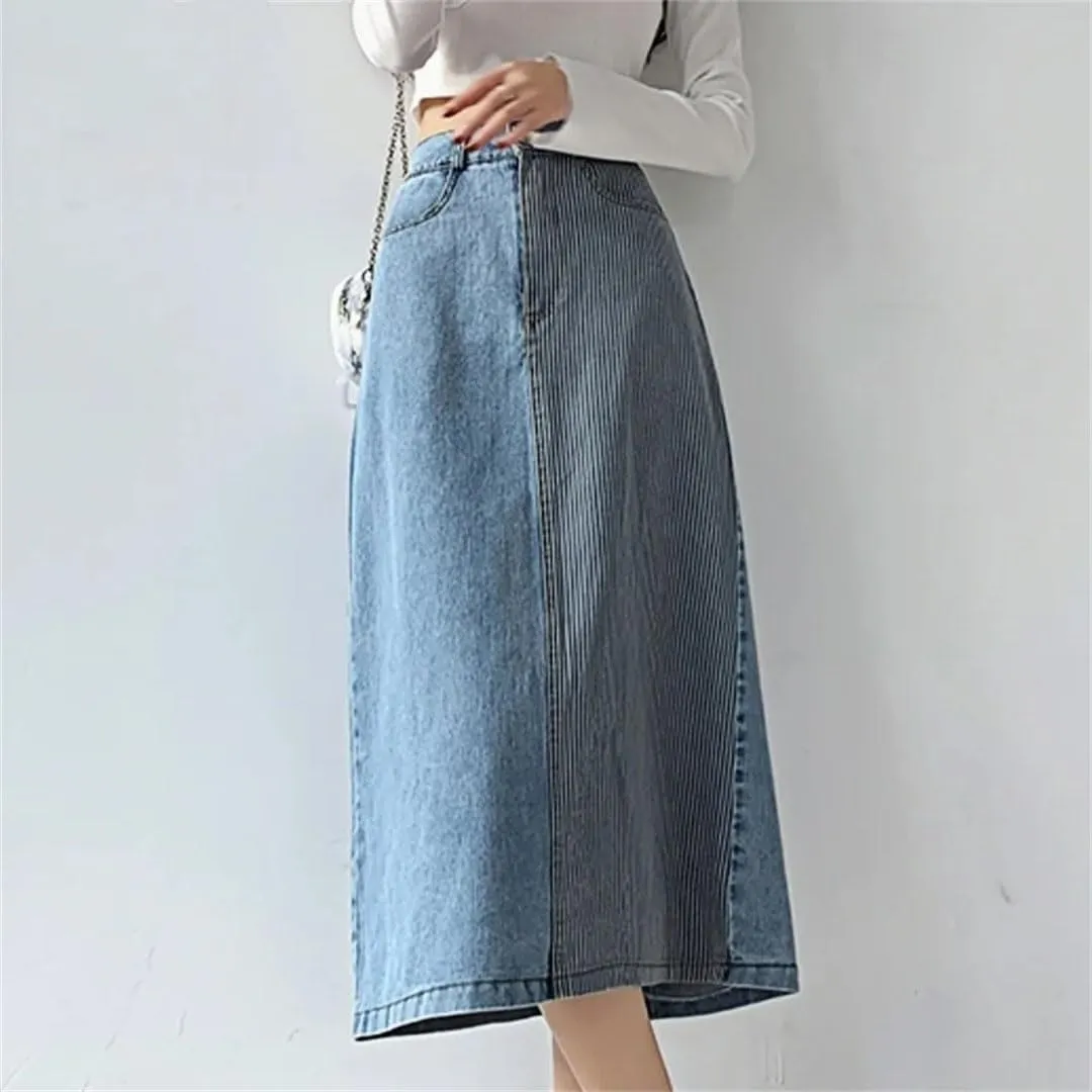 Women's Denim High Waist Patchwork Casual Mid Length Skirts