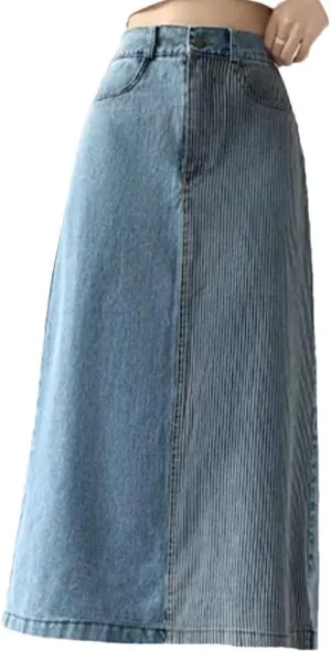 Women's Denim High Waist Patchwork Casual Mid Length Skirts
